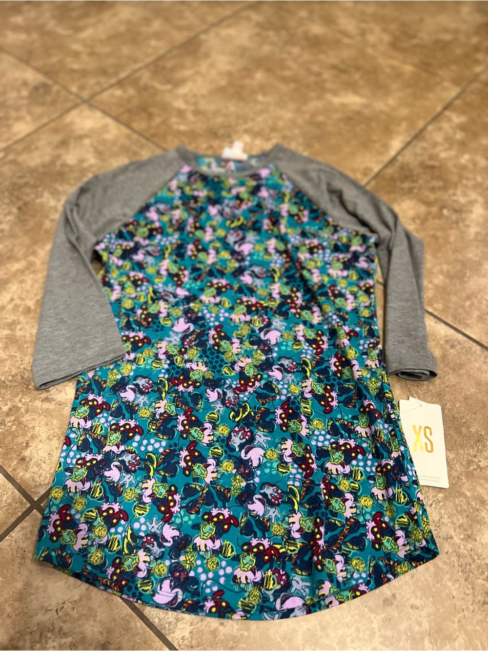 Disney Teal Floral Unicorn Raglan Tee with Gray Sleeves